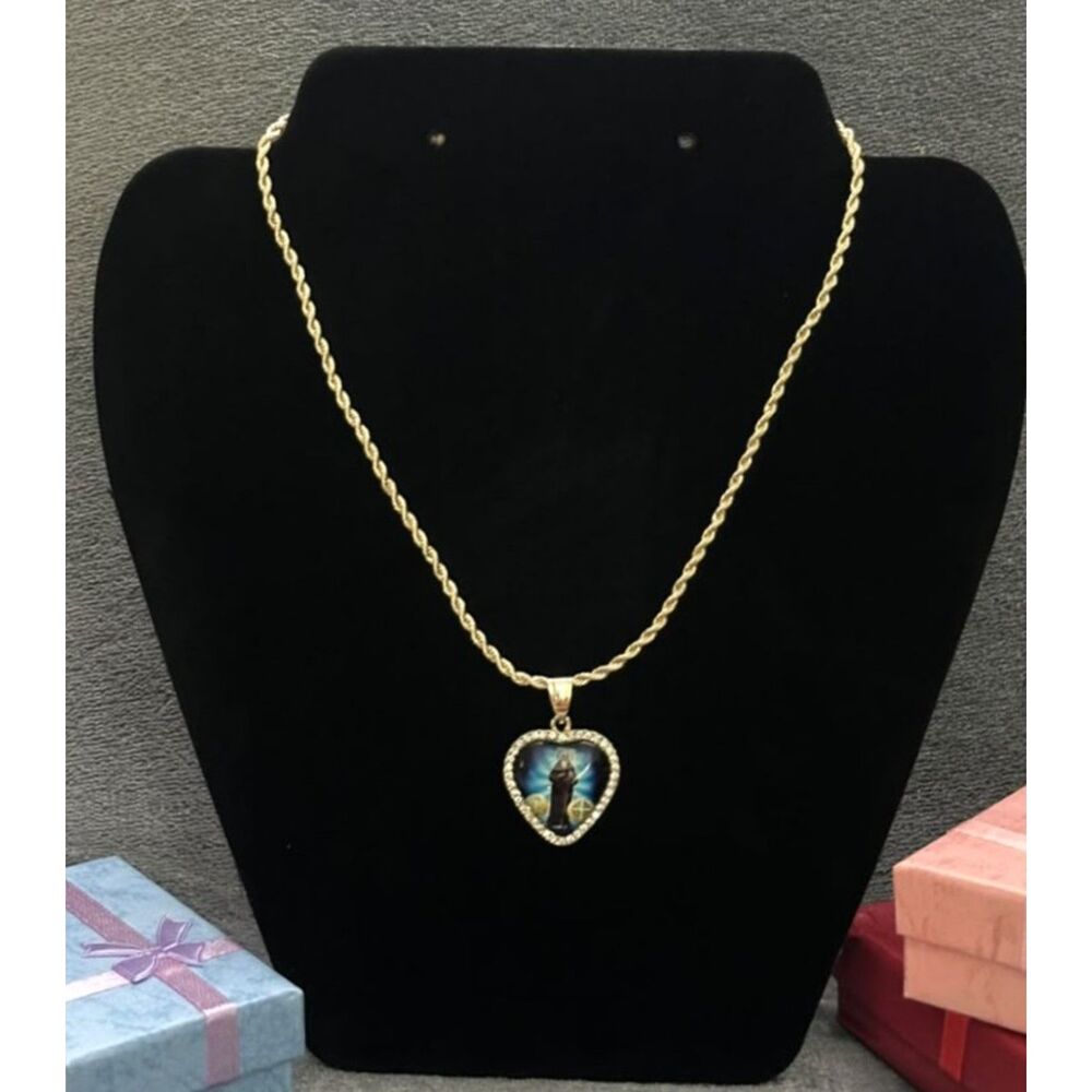18K Gold Filled St. Benito San Benito Heart Pendant | 18" 2.5mm Rope Chain CZ